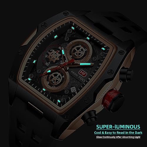 MF MINI FOCUS Men Watch Unique Tonneau Casual Wrist Watches (Chronograph/Waterproof/Luminous/Calendar/24 Hours) Silicon Band Fashion Watch for Men（Black & Golden）, (MF0473G.01) - Image 4