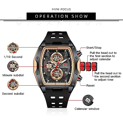 MF MINI FOCUS Men Watch Unique Tonneau Casual Wrist Watches (Chronograph/Waterproof/Luminous/Calendar/24 Hours) Silicon Band Fashion Watch for Men（Black & Golden）, (MF0473G.01) - Image 5