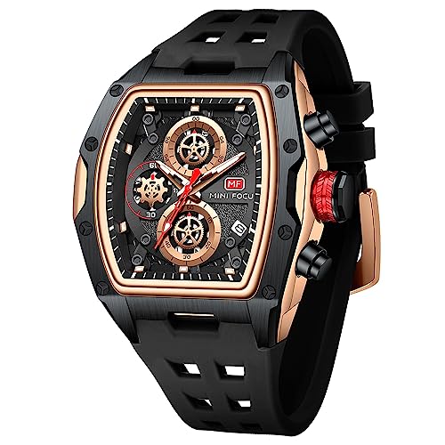 MF MINI FOCUS Men Watch Unique Tonneau Casual Wrist Watches (Chronograph/Waterproof/Luminous/Calendar/24 Hours) Silicon Band Fashion Watch for Men（Black & Golden）, (MF0473G.01) - Image 1