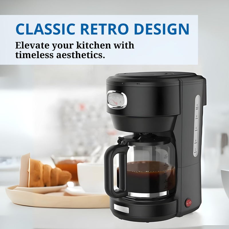 Westinghouse صانعة القهوة ويستنجهاوس الأمريكية من سلسلة ريترو سعة 1.25 لتر - أسود | تصميم أنيق مع تحكم في التخمير، وظيفة الإيقاف والصب، فلتر دائم (نسخة الإمارات) - ضمان لمدة 2 سنوات - Image 2