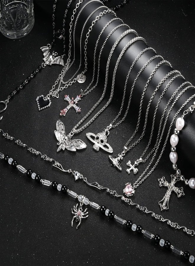 Sanfenly Vintage Gothic Necklace Set for Women Punk Grunge Cross Heart Bat Spider Angel Wing Saturn Skull Pendant Layered Choker Statement Necklaces - Image 2