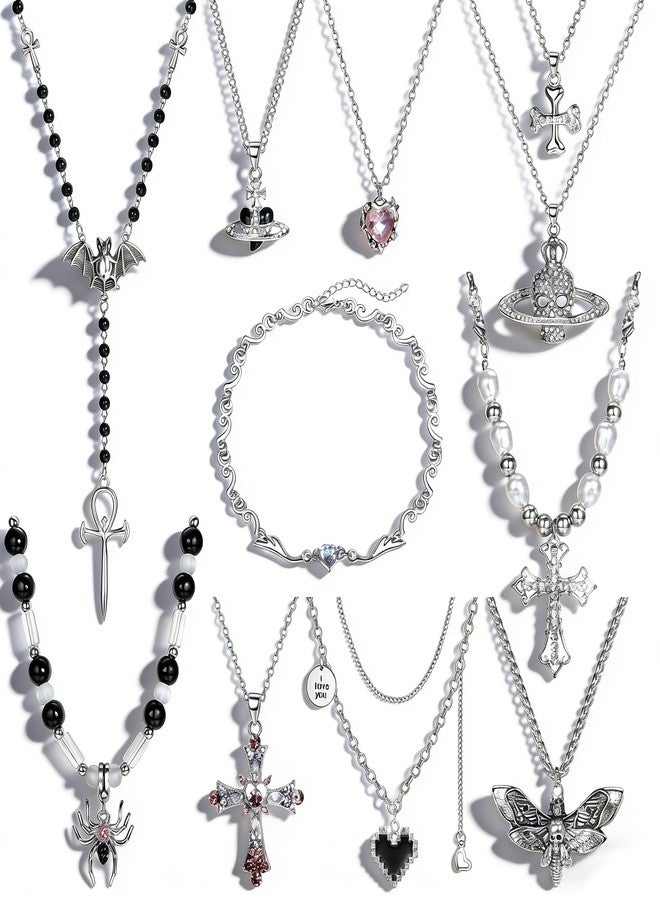 Sanfenly Vintage Gothic Necklace Set for Women Punk Grunge Cross Heart Bat Spider Angel Wing Saturn Skull Pendant Layered Choker Statement Necklaces - Image 1