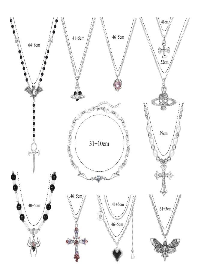 Sanfenly Vintage Gothic Necklace Set for Women Punk Grunge Cross Heart Bat Spider Angel Wing Saturn Skull Pendant Layered Choker Statement Necklaces - Image 5