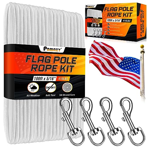 PAMAZY [Upgraded] 5/16” 100Ft Flagpole Rope Kit with 4 Pcs 3.3” Swivel Snap Hook - High Weight Bearing Anti-Tearing Utility Rope with Durable ZinC Alloy Swivel Hooks - Flag Pole Accessories Replacement Kit - Image 1