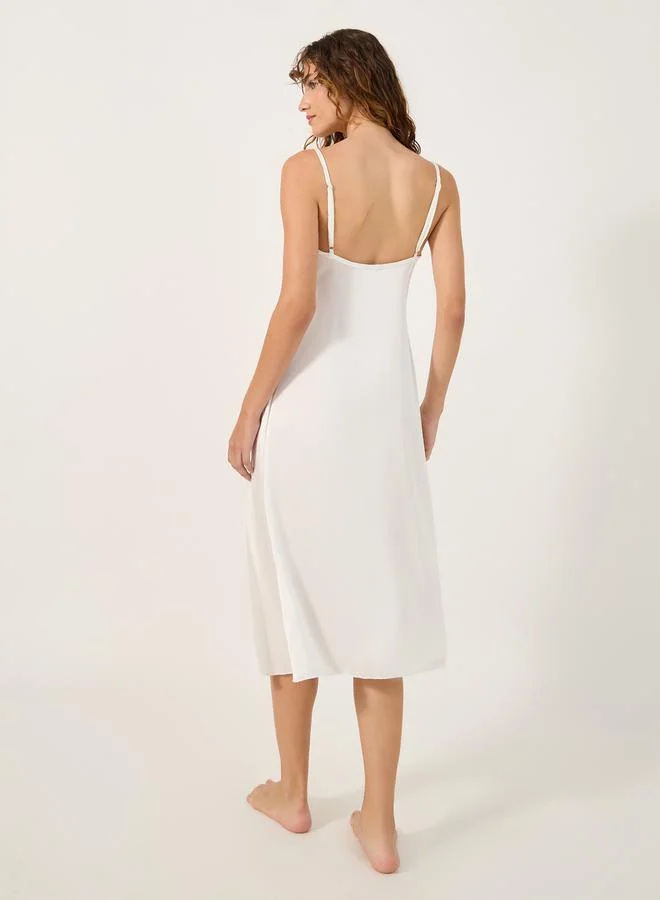 Styli Styli Solid Cowl Neck Satin Midi Slip Dress with Lace Detail