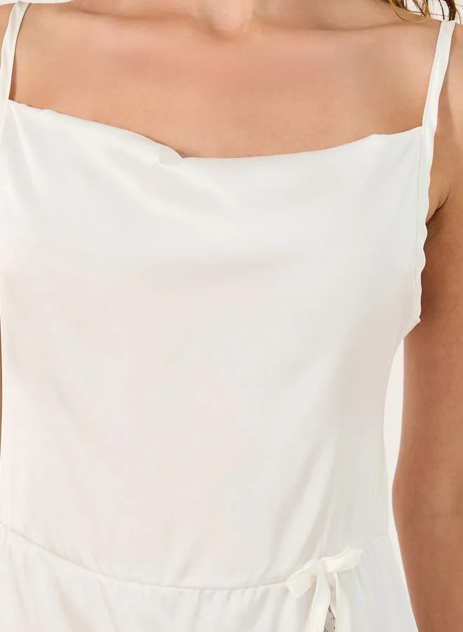Styli Styli Solid Cowl Neck Satin Midi Slip Dress with Lace Detail