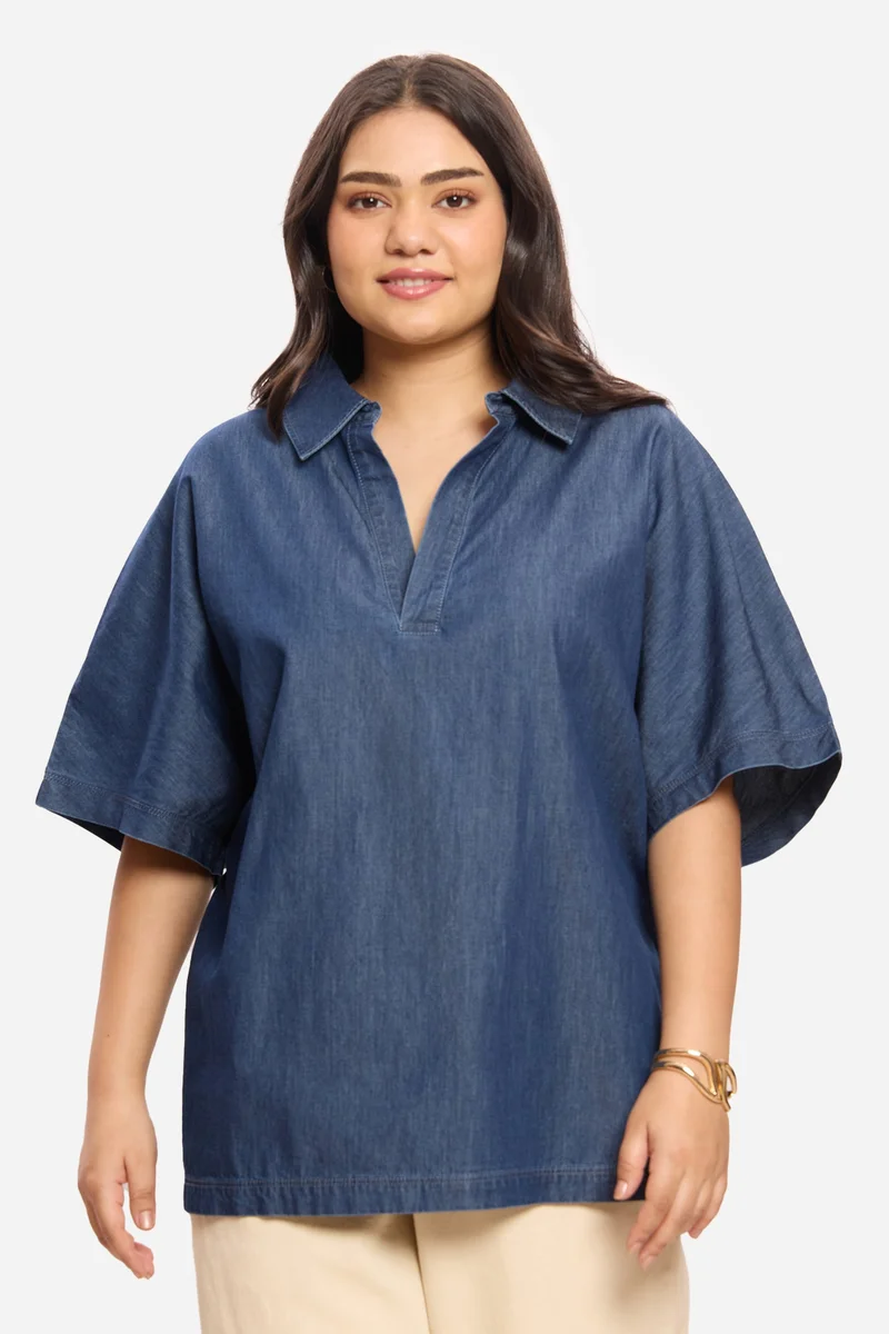 فيرجيو Solid Cotton Denim Plus Size Popover for Women
