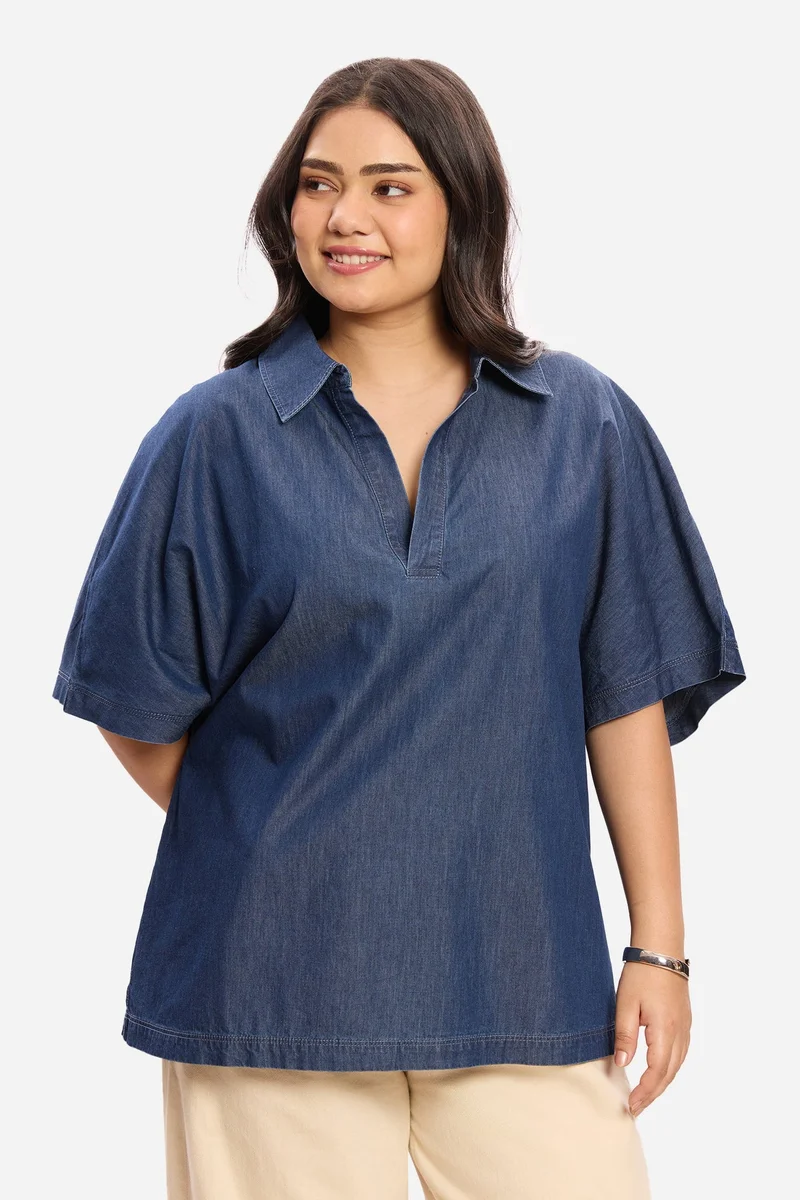 Virgio Blue Solid Cotton Denim Plus Size Popover for Women for Women | Best Price UAE