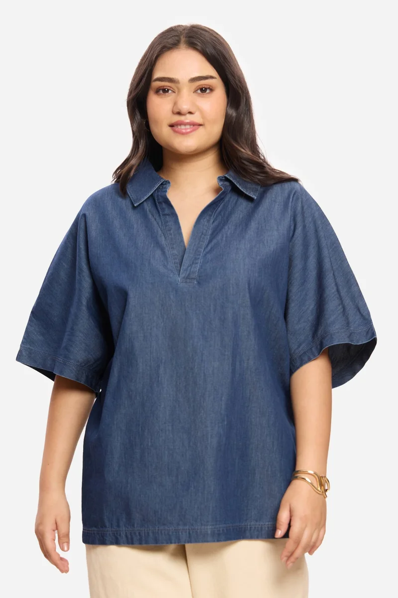 فيرجيو Solid Cotton Denim Plus Size Popover for Women
