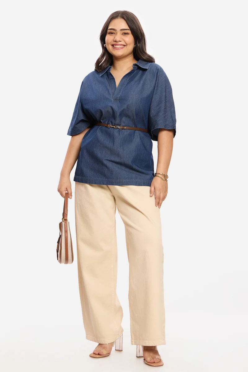 فيرجيو Solid Cotton Denim Plus Size Popover for Women