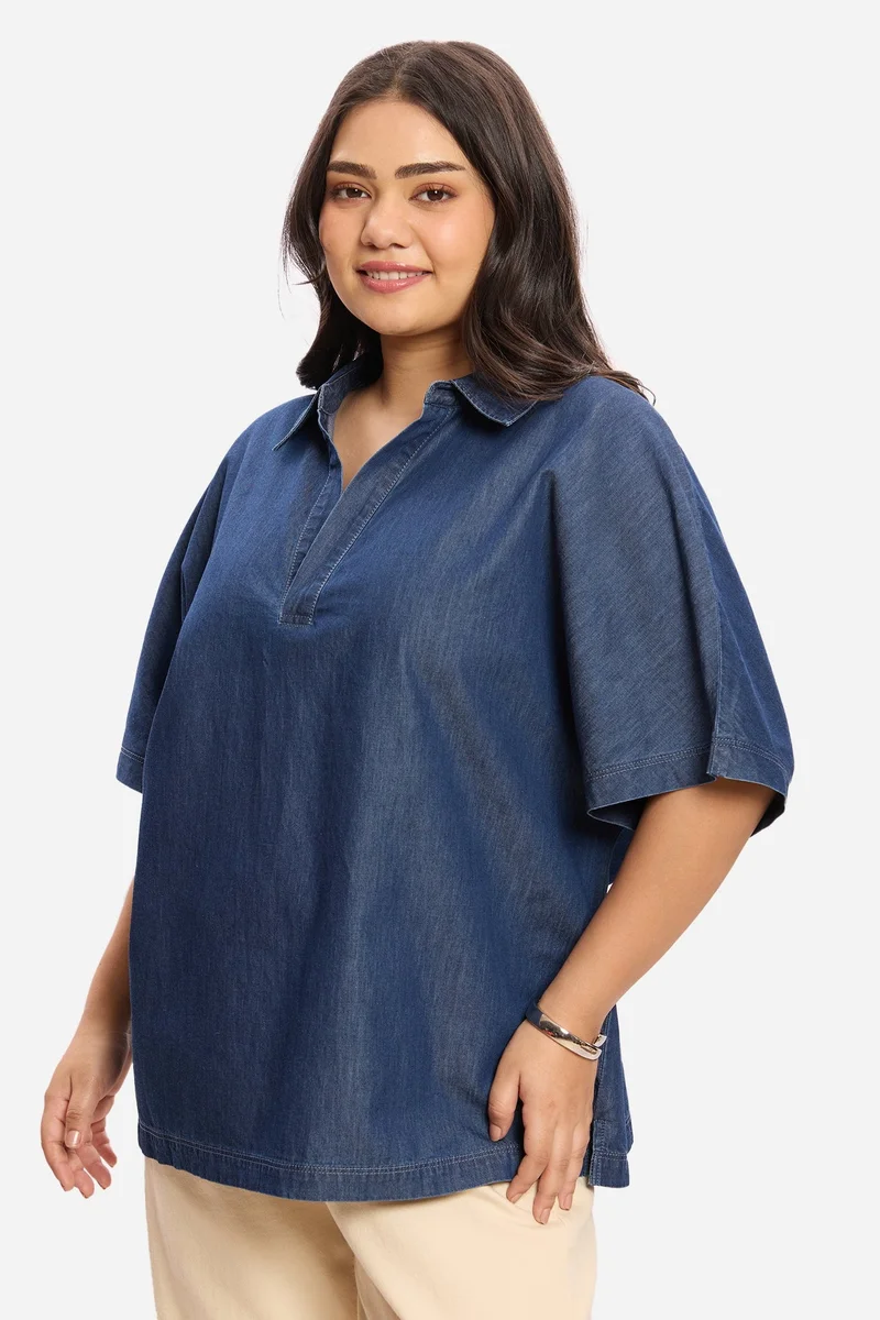 Virgio Blue Solid Cotton Denim Plus Size Popover for Women for Women | Best Price UAE