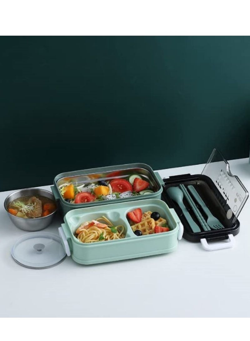 Cool Baby Style COOLBABY Premium Food Container with Soup Bowl and Cutlery  Insulated Lunch Box with 3 Layers  Stainless Steel Bento Lunch Box  Leakproof Design and Side Handles  21.5 x 11.5 x 11cm (Green)  - Image 2
