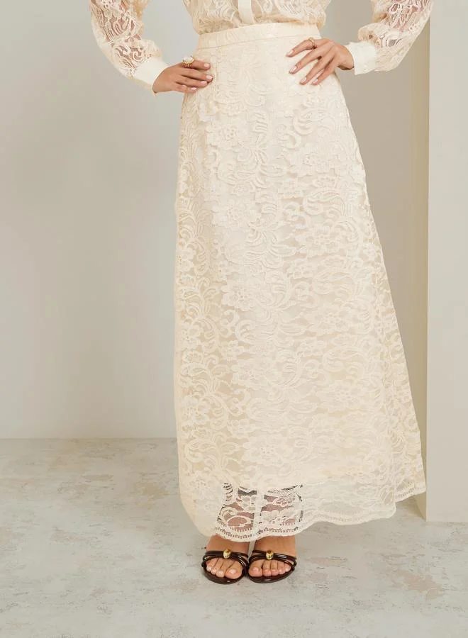 Styli Beige Lace A-Line Maxi Skirt