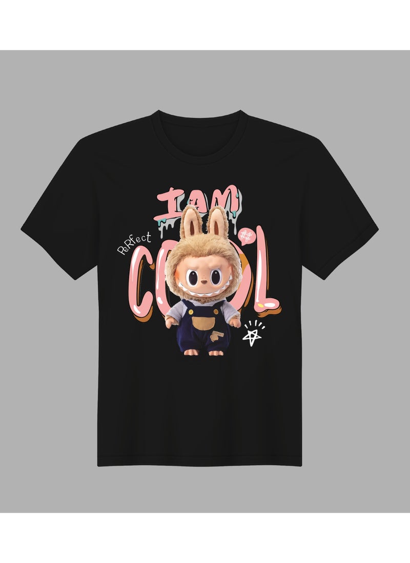 LABUBU LABUBU I am Perfect Cool Labubu T-Shirt - Short Sleeve Unisex Couples Casual Wear, Cute and Trendy Pure Cotton Top Black 