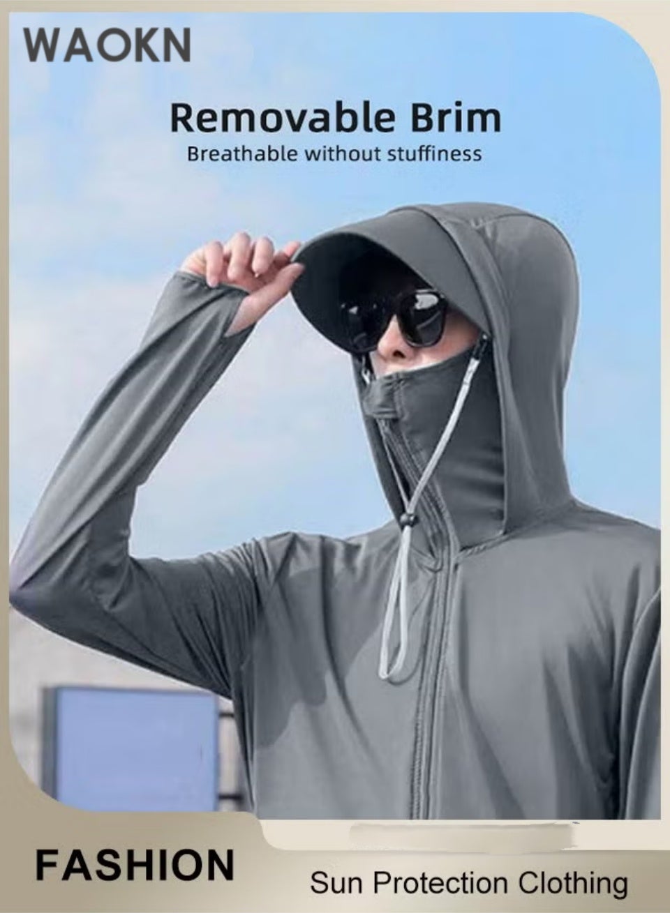 Men's UPF 50+ Sun Protection Clothing, Outdoor Lightweight Full Zip Hoodie Jacket with Face Mask Design, Comfy Breathable Long Sleeve Coat with Thumbholes and Detachable Brim, Suitable for Daily Wear, Sports Training, Hiking, Fishing, Climbing or Other Outdoor Activities—XL