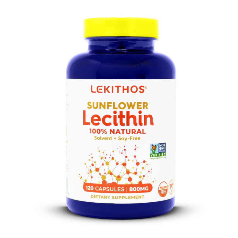 Lekithos 100 AllNatural Sunflower Lecithin Capsules 120 Count Rich in Phosphatidyl Choline Cold Pressed Solvent Free NonGMO Project Verified Certified Vegan