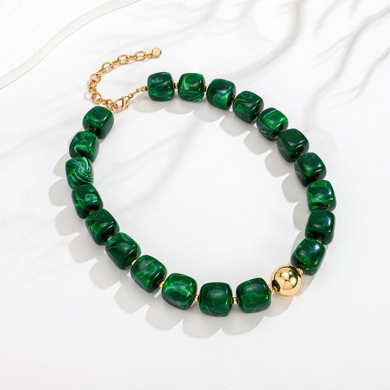 WOWORAMA Green Beaded Necklace for Women Trendy Chunky Statement Choker Necklaces Dark Green Large Square Resin Beads Necklace Y2k Boho Summer Jewelry - Image 4