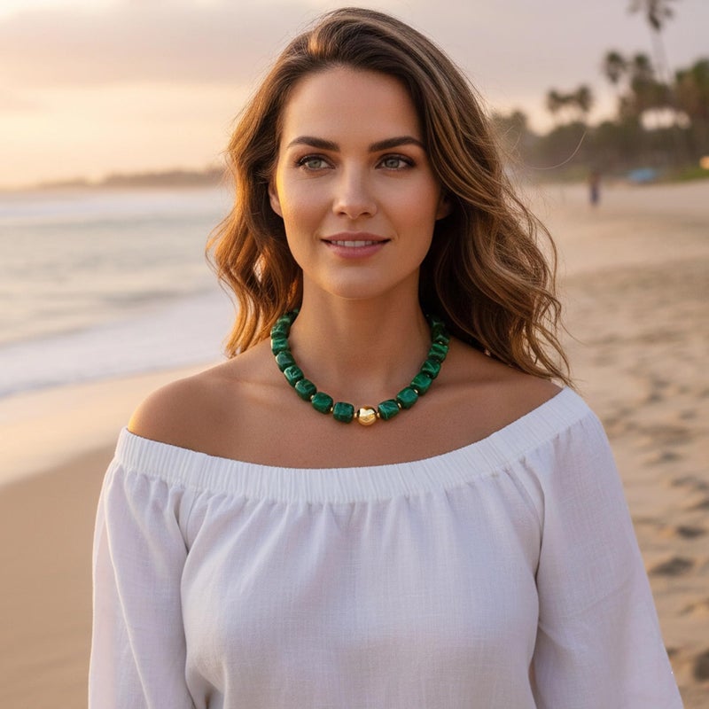 WOWORAMA Green Beaded Necklace for Women Trendy Chunky Statement Choker Necklaces Dark Green Large Square Resin Beads Necklace Y2k Boho Summer Jewelry - Image 3