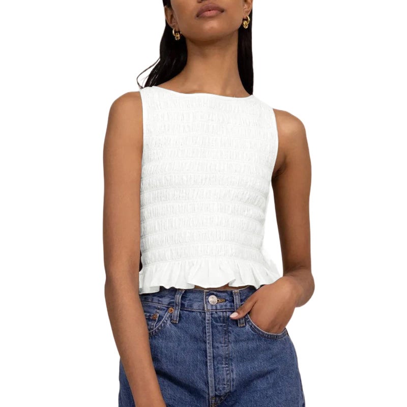 Yuemengxuan Women Shirred Tank Top Ruffle Sleeveless Tanks Frill Smocked Halter Cami Tops Summer Streetwear, White, Small - Image 1
