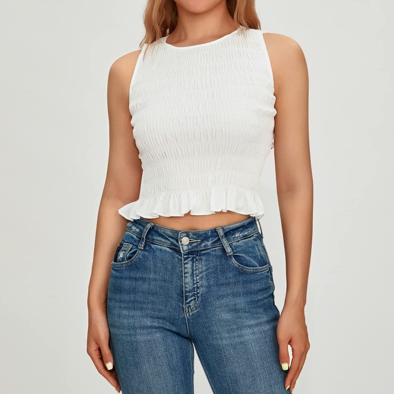 Yuemengxuan Women Shirred Tank Top Ruffle Sleeveless Tanks Frill Smocked Halter Cami Tops Summer Streetwear, White, Small - Image 2