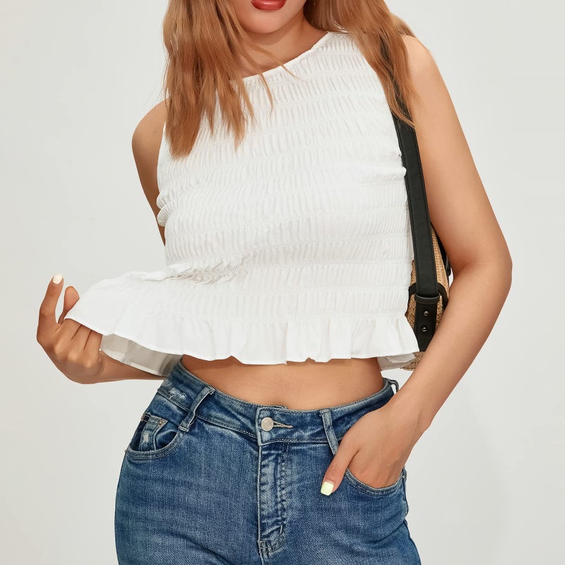 Yuemengxuan Women Shirred Tank Top Ruffle Sleeveless Tanks Frill Smocked Halter Cami Tops Summer Streetwear, White, Small - Image 3