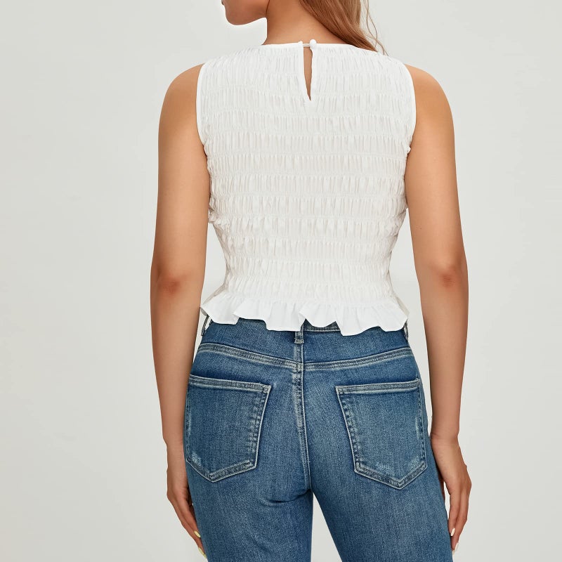 Yuemengxuan Women Shirred Tank Top Ruffle Sleeveless Tanks Frill Smocked Halter Cami Tops Summer Streetwear, White, Small - Image 5