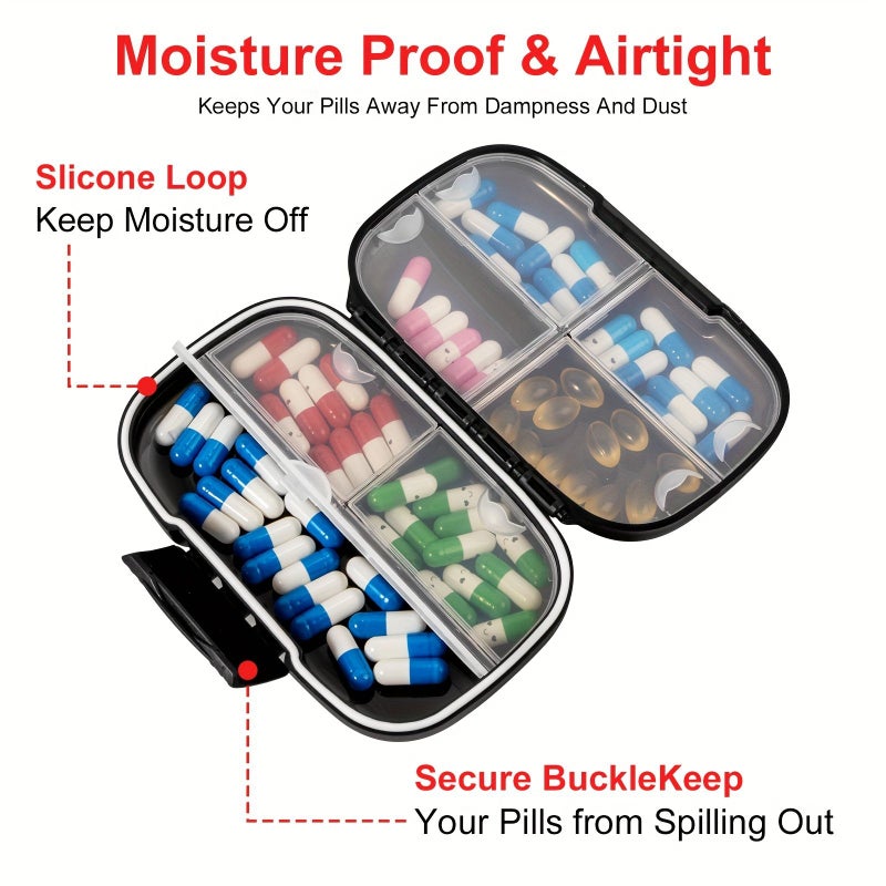 Black Portable Medicine Organizer 7 Compartment Airtight Moistureproof Plastic Case - Image 2