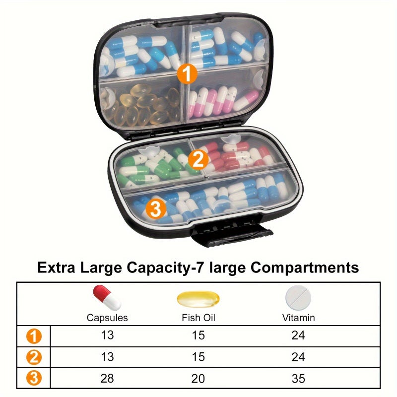 Black Portable Medicine Organizer 7 Compartment Airtight Moistureproof Plastic Case - Image 4