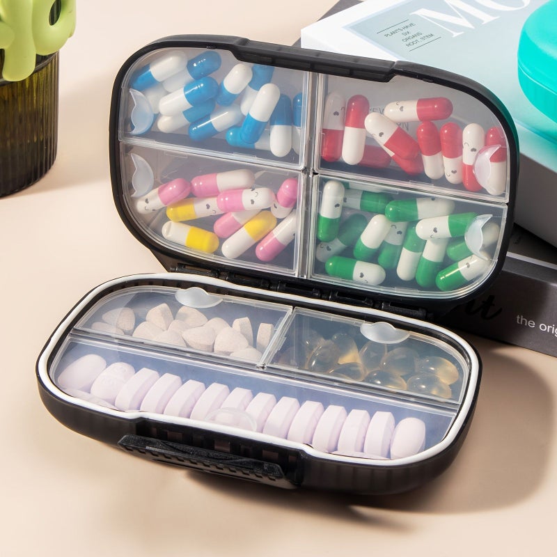 Black Portable Medicine Organizer 7 Compartment Airtight Moistureproof Plastic Case - Image 1