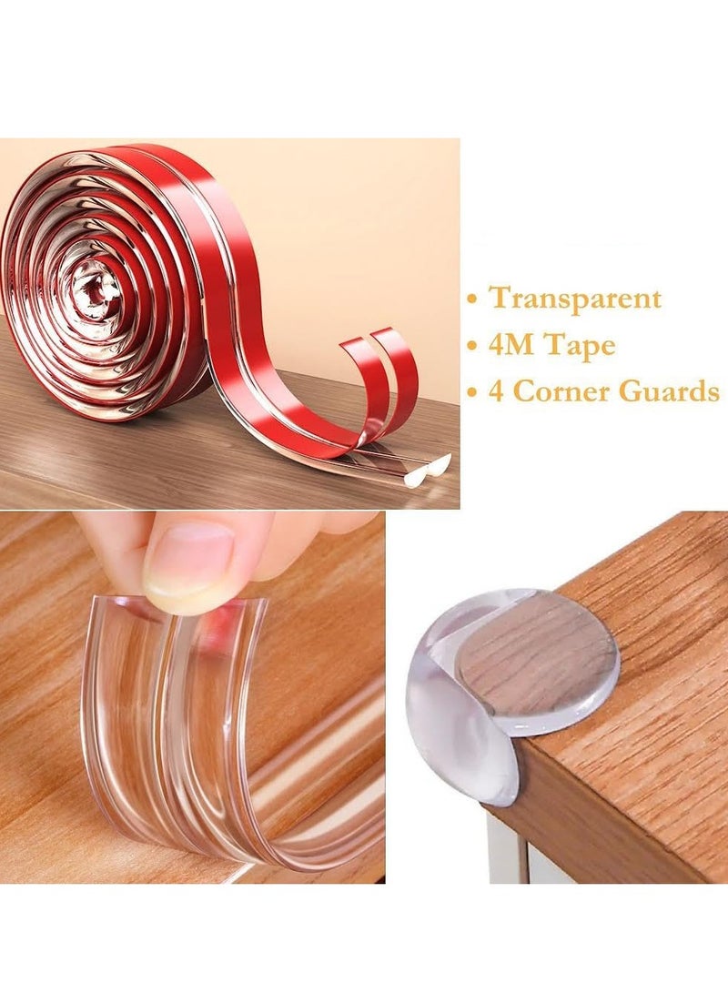 4 Meter Safety Edge Corner Protector Strip with 4 Adhesive Corner Guards, Baby Proofing Guards, Tables, Furniture, Soft Silicone Bumper Strip Child Edge Protector for Cabinets