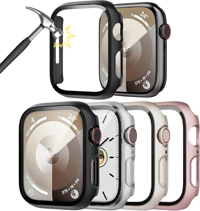 LYAROMIS عبوة مكونة من 4 حالات لساعة Apple Watch، غطاء واقي مقاوم للصدمات مزود بحامي شاشة من الزجاج المقوى، مناسب للسلسلات 9/8/7/SE/6/5/4/3/2/1 (الألوان: أسود، شفاف، ذهبي وردي، 42 مم) - Image 1