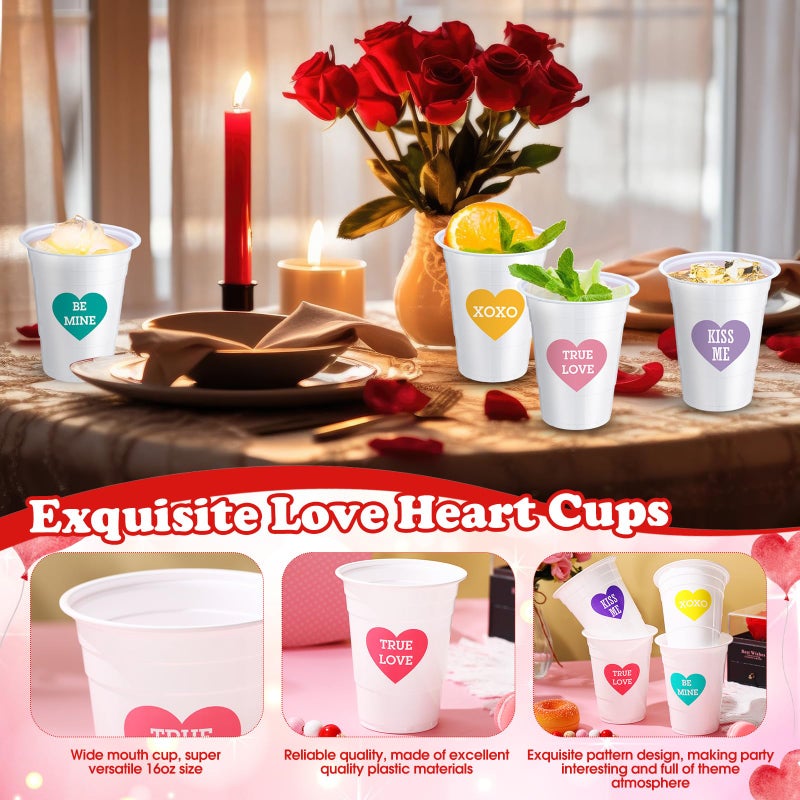 Potchen 36 Pcs 16 oz Valentines Day Plastic Cups Conversation Heart Disposable Cups Valentines Cups Bulk Love Heart Cups for Anniversary Party Supplies Decorations(White) - Image 3