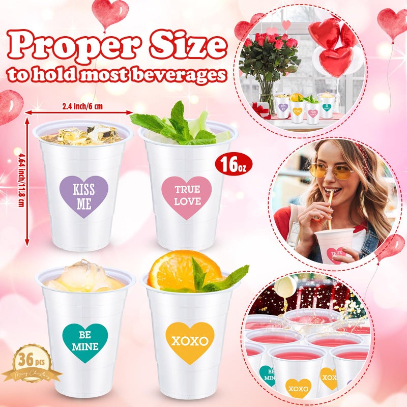 Potchen 36 Pcs 16 oz Valentines Day Plastic Cups Conversation Heart Disposable Cups Valentines Cups Bulk Love Heart Cups for Anniversary Party Supplies Decorations(White) - Image 2