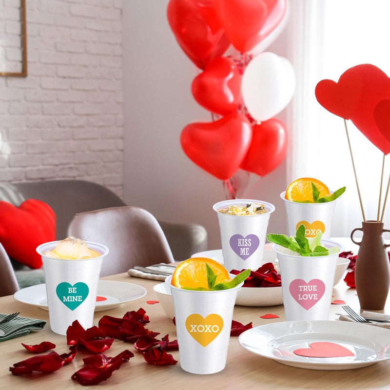 Potchen 36 Pcs 16 oz Valentines Day Plastic Cups Conversation Heart Disposable Cups Valentines Cups Bulk Love Heart Cups for Anniversary Party Supplies Decorations(White) - Image 4