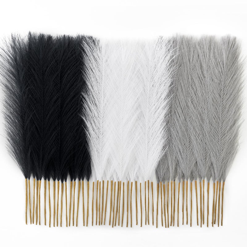 Faylifeway 50pcs Pampas Grass 17in, Black and White Pampas Grass Artificial Fluffy Vase Filler Flower Arrangement for Home Party Living Room Decor(Black & Grey & White) - Image 1