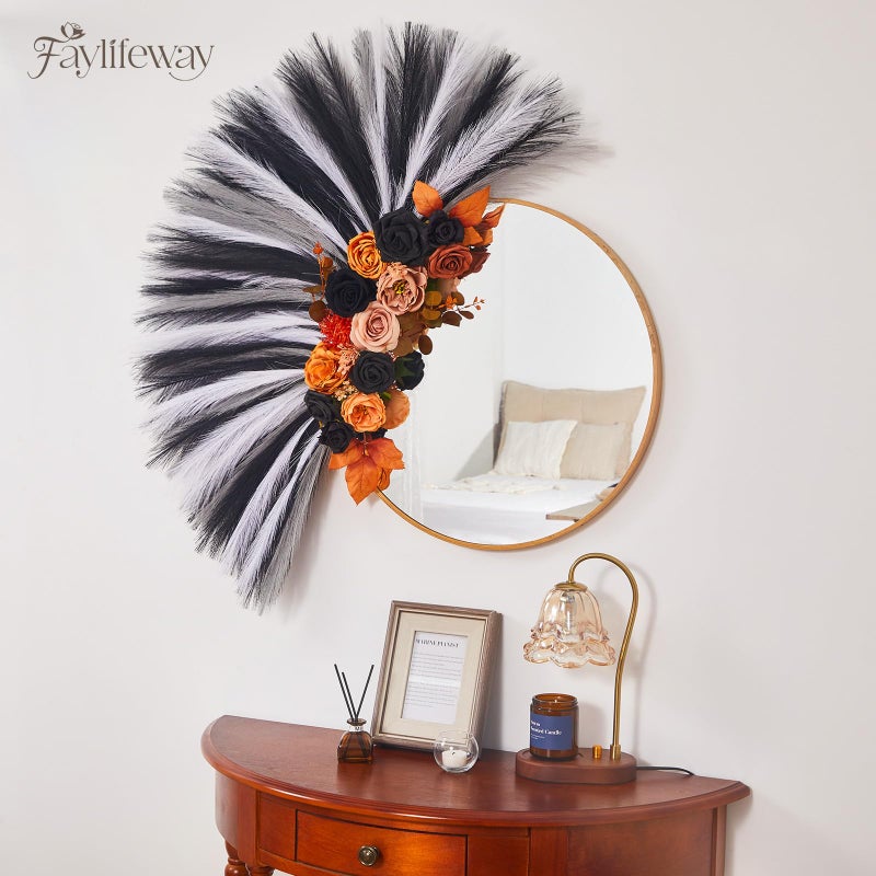 Faylifeway 50pcs Pampas Grass 17in, Black and White Pampas Grass Artificial Fluffy Vase Filler Flower Arrangement for Home Party Living Room Decor(Black & Grey & White) - Image 4