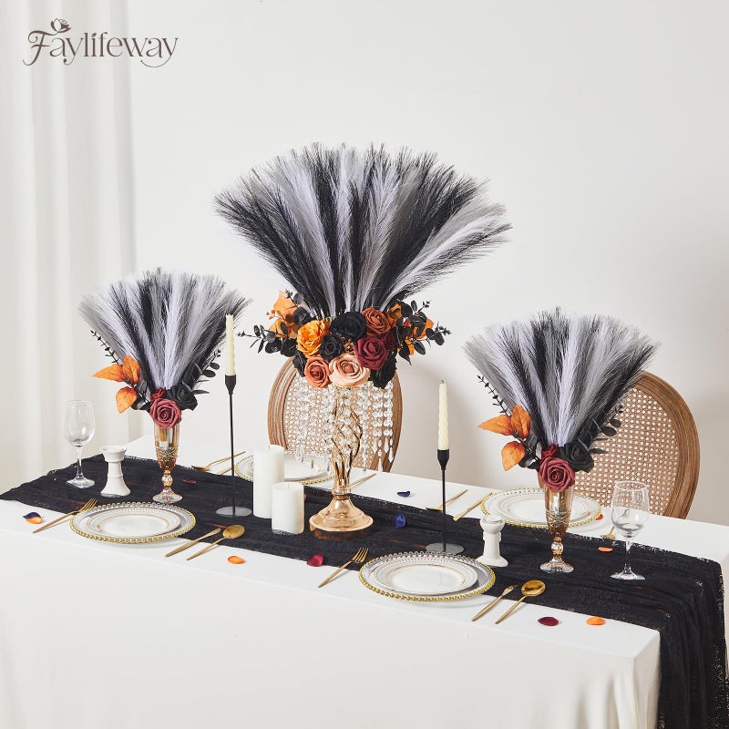 Faylifeway 50pcs Pampas Grass 17in, Black and White Pampas Grass Artificial Fluffy Vase Filler Flower Arrangement for Home Party Living Room Decor(Black & Grey & White) - Image 3
