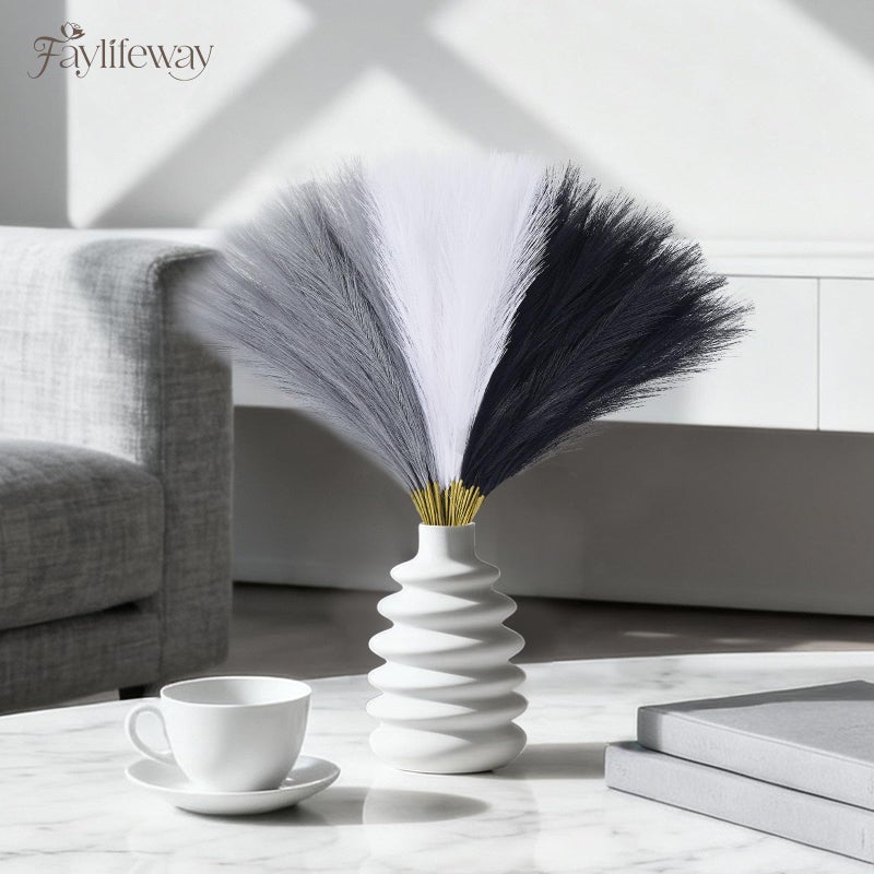 Faylifeway 50pcs Pampas Grass 17in, Black and White Pampas Grass Artificial Fluffy Vase Filler Flower Arrangement for Home Party Living Room Decor(Black & Grey & White) - Image 5
