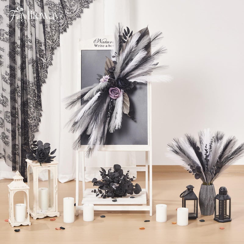 Faylifeway 50pcs Pampas Grass 17in, Black and White Pampas Grass Artificial Fluffy Vase Filler Flower Arrangement for Home Party Living Room Decor(Black & Grey & White) - Image 2