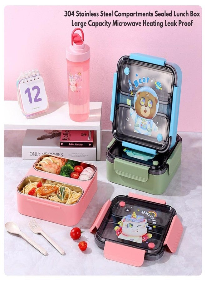 GAMAHA Stainless Steel Lunch Box with 2 Compartments with Cute Cartoon Dinosaur Printed Lid Food Grade Lunch Box with Spoon & Fork, Snacks Tiffin Ideal for School 1200ml (Purple) - Image 4
