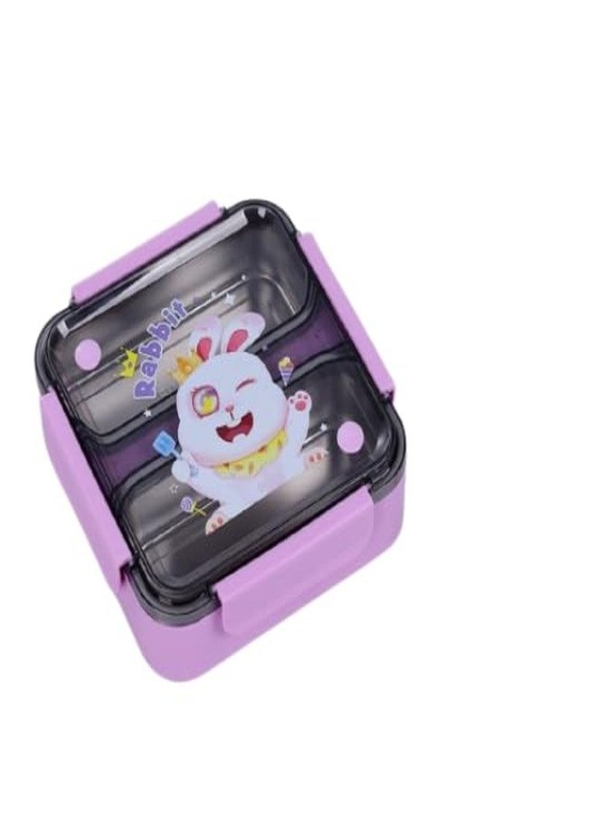 GAMAHA Stainless Steel Lunch Box with 2 Compartments with Cute Cartoon Dinosaur Printed Lid Food Grade Lunch Box with Spoon & Fork, Snacks Tiffin Ideal for School 1200ml (Purple) - Image 1