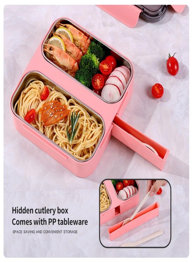 GAMAHA Stainless Steel Lunch Box with 2 Compartments with Cute Cartoon Dinosaur Printed Lid Food Grade Lunch Box with Spoon & Fork, Snacks Tiffin Ideal for School 1200ml (Purple) - Image 3