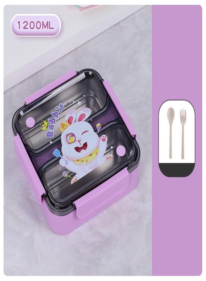 GAMAHA Stainless Steel Lunch Box with 2 Compartments with Cute Cartoon Dinosaur Printed Lid Food Grade Lunch Box with Spoon & Fork, Snacks Tiffin Ideal for School 1200ml (Purple) - Image 2