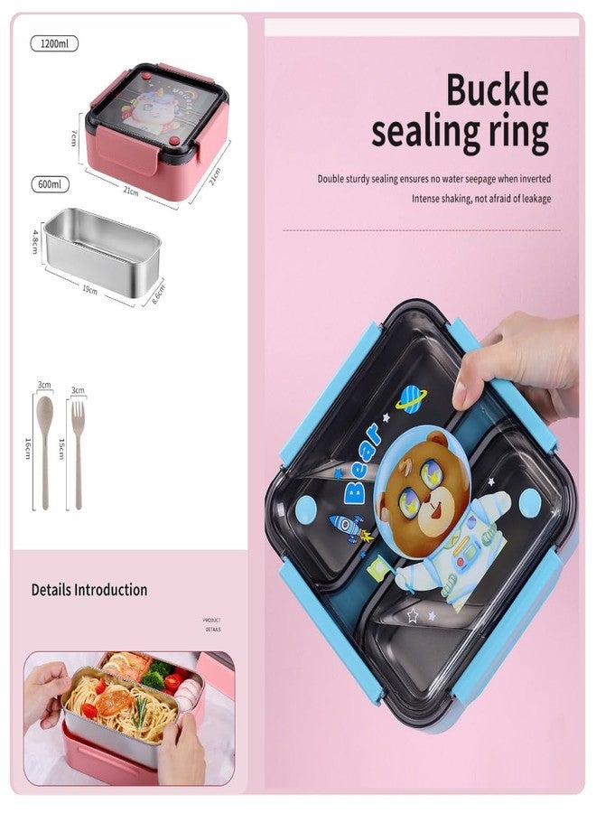 GAMAHA Stainless Steel Lunch Box with 2 Compartments with Cute Cartoon Dinosaur Printed Lid Food Grade Lunch Box with Spoon & Fork, Snacks Tiffin Ideal for School 1200ml (Purple) - Image 5