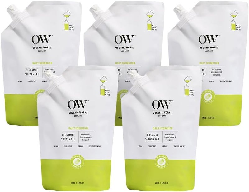 Organic Works Bergamot Shower Gel Multipack 200ml Pack of 5 Hypoallergenic Body Wash with Aloe Vera Bergamot Orange Oils Vitamin C For Naturally Hydrates Nourishes Protects Dry Skin