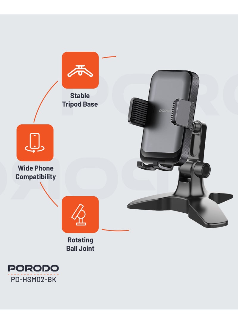 porodo Universal Adjustable Phone Holder 4.7 to 7 inch / Stable Tripod Base / Wide Phone Compatibility / Rotating Ball Joint / High-Quality Material - Black - Image 2