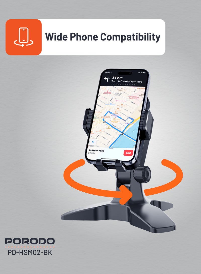 porodo Universal Adjustable Phone Holder 4.7 to 7 inch / Stable Tripod Base / Wide Phone Compatibility / Rotating Ball Joint / High-Quality Material - Black - Image 4