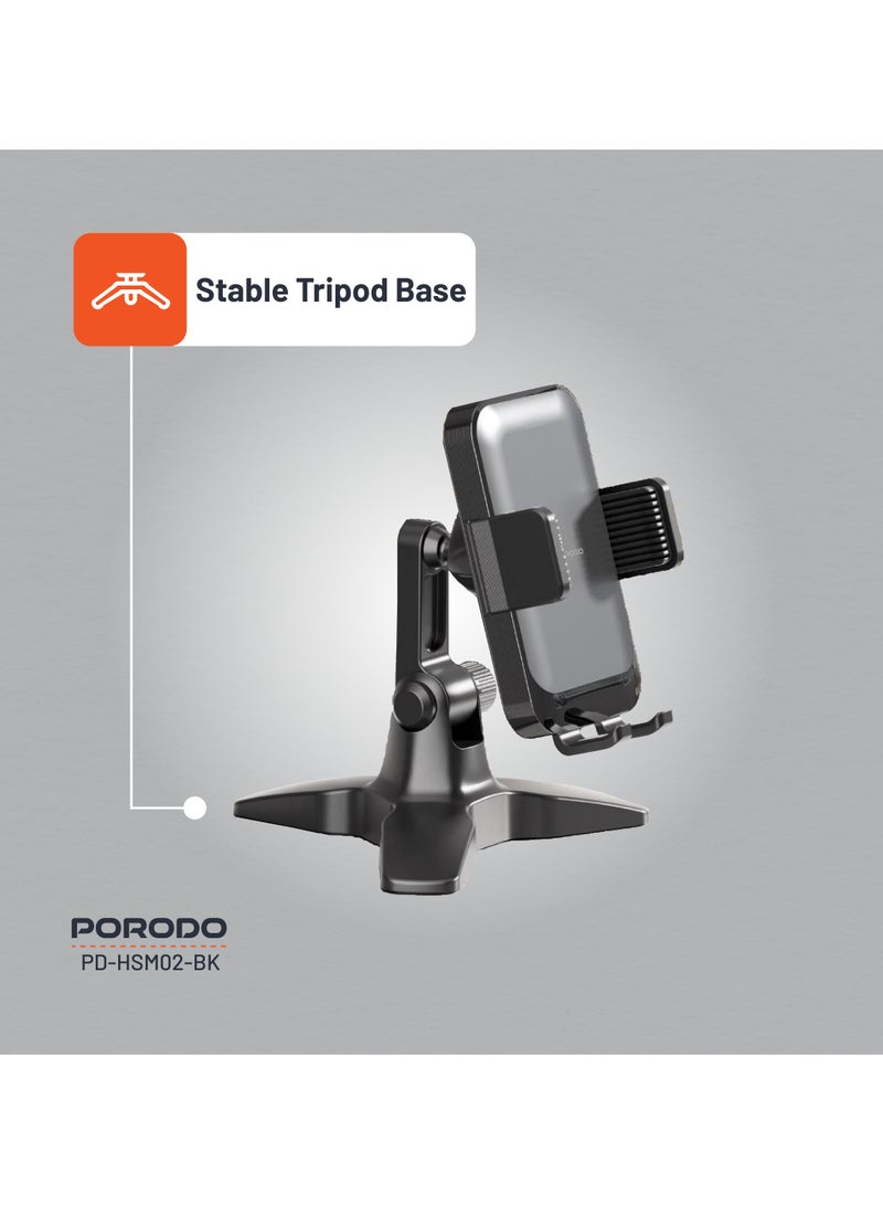 porodo Universal Adjustable Phone Holder 4.7 to 7 inch / Stable Tripod Base / Wide Phone Compatibility / Rotating Ball Joint / High-Quality Material - Black - Image 5