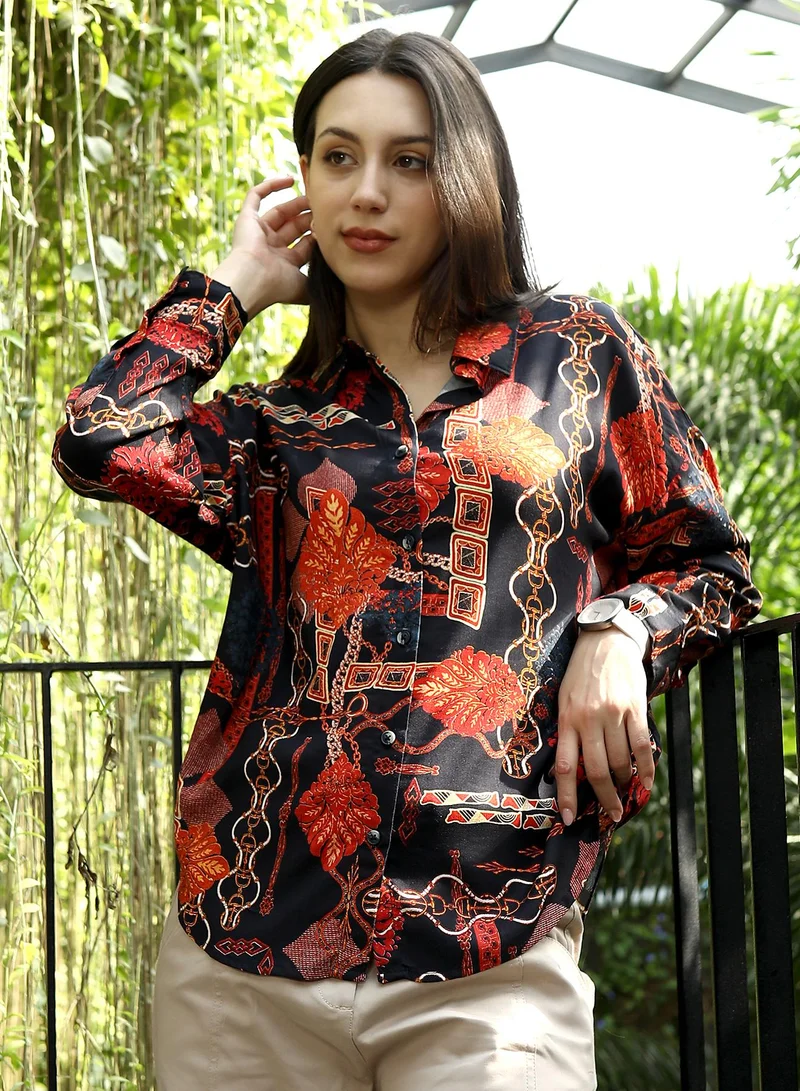 بينيا كولادا قميص نسائي فضفاض بطبعة فنية ياقة عادية وأكمام طويلة بأزرار للإغلاق مطبوع بالزهور للارتداء اليومي كاجوال أحمر قرمزي وأزرق نيلي