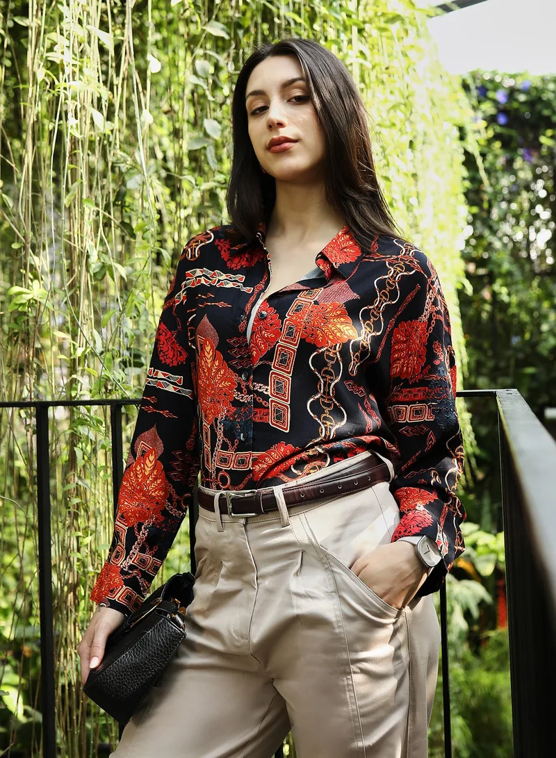 Women's Crimson Red & Navy Blue Artistic-Block Print Oversized Shirt